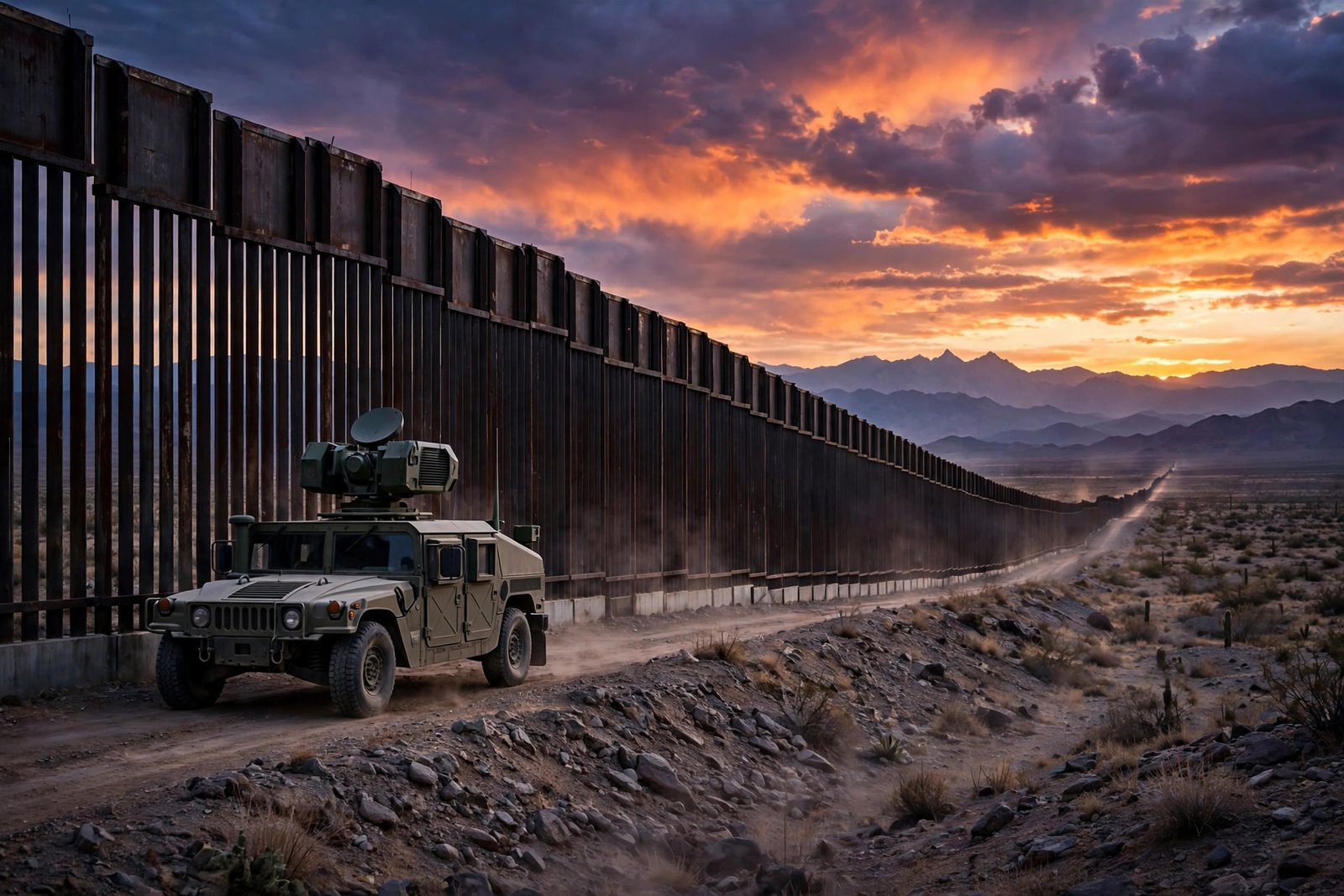 Pentagon heat ray — AI-generated news photo of a US-Mexico border wall and a military vehicle carrying a directed-energy device at dusk