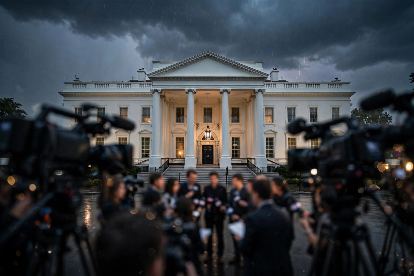 Politico White House retraction — AI-generated news photo of the White House at dusk with press cameras in the foreground.