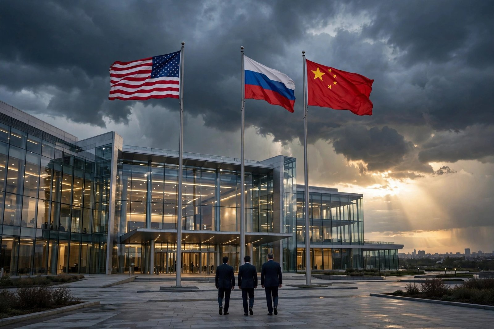 AI-generated original image of the US, Russia and China flags flying before a summit conference hall ahead of the proposed Putin Trump Xi summit on Ukraine