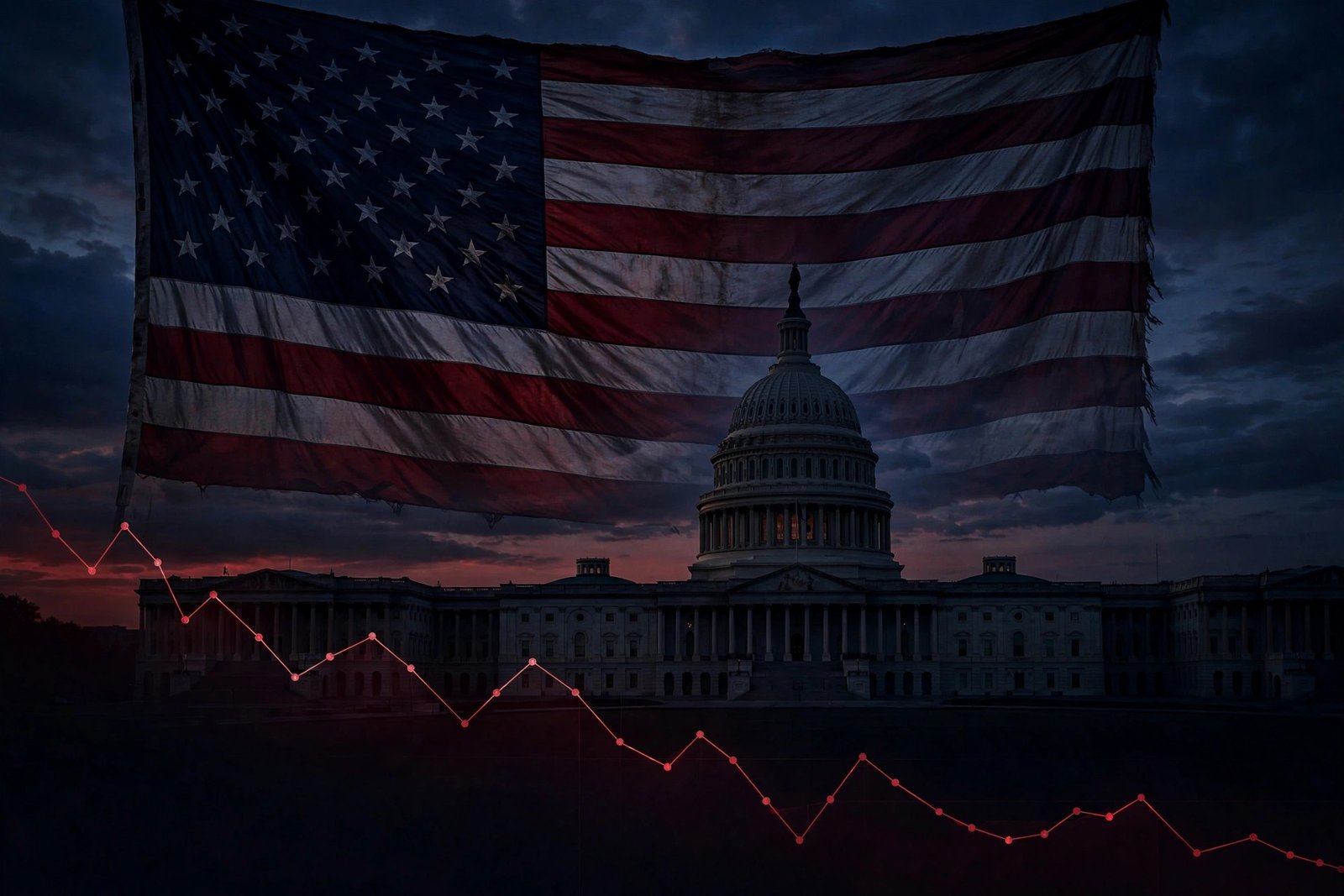 Trump approval rating record low 33% in Washington Post poll — American flag and Capitol at dusk with declining approval chart