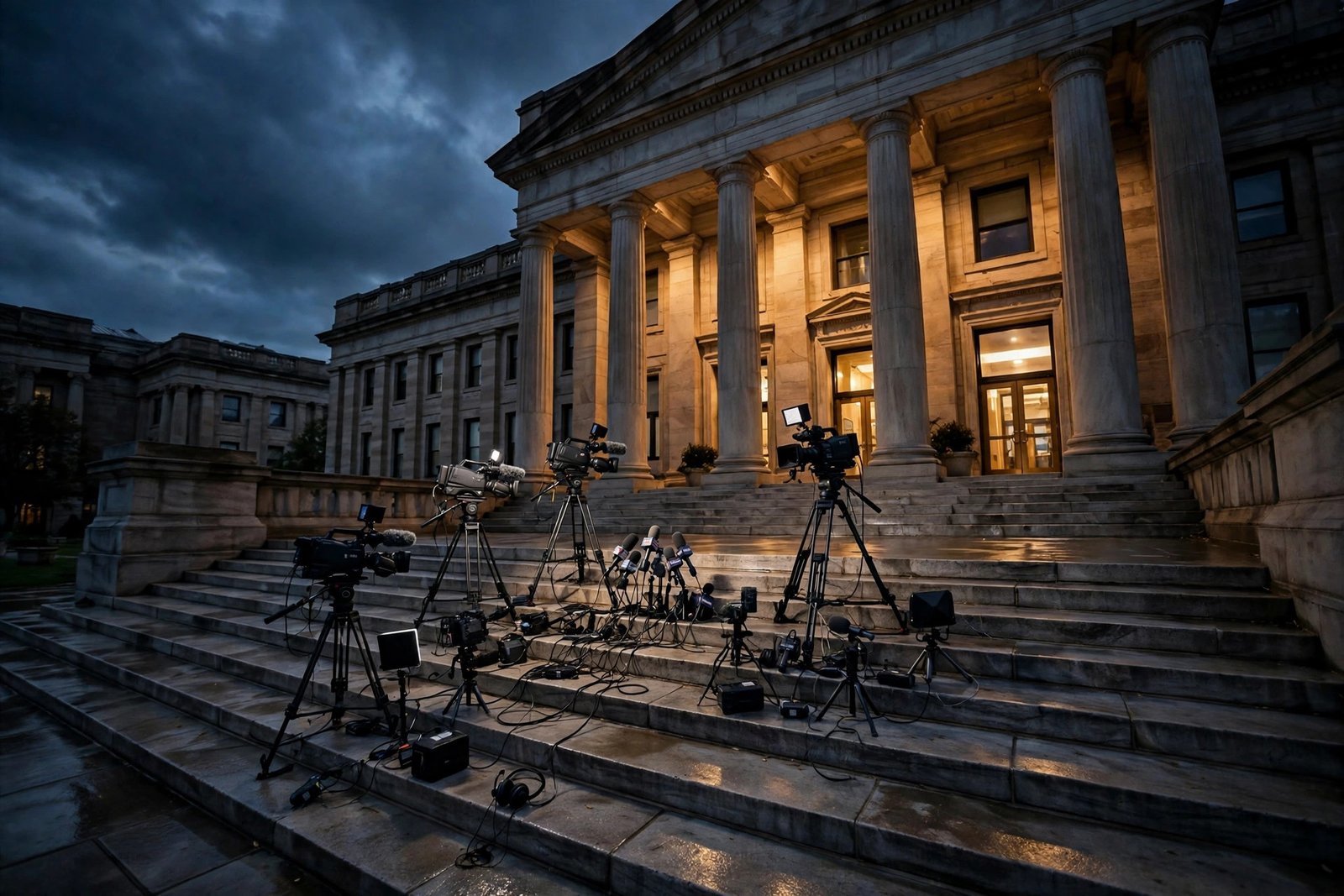 Trump BBC deposition order — AI-generated news photo of a federal courthouse with television cameras and reporters gathered on the steps at dusk