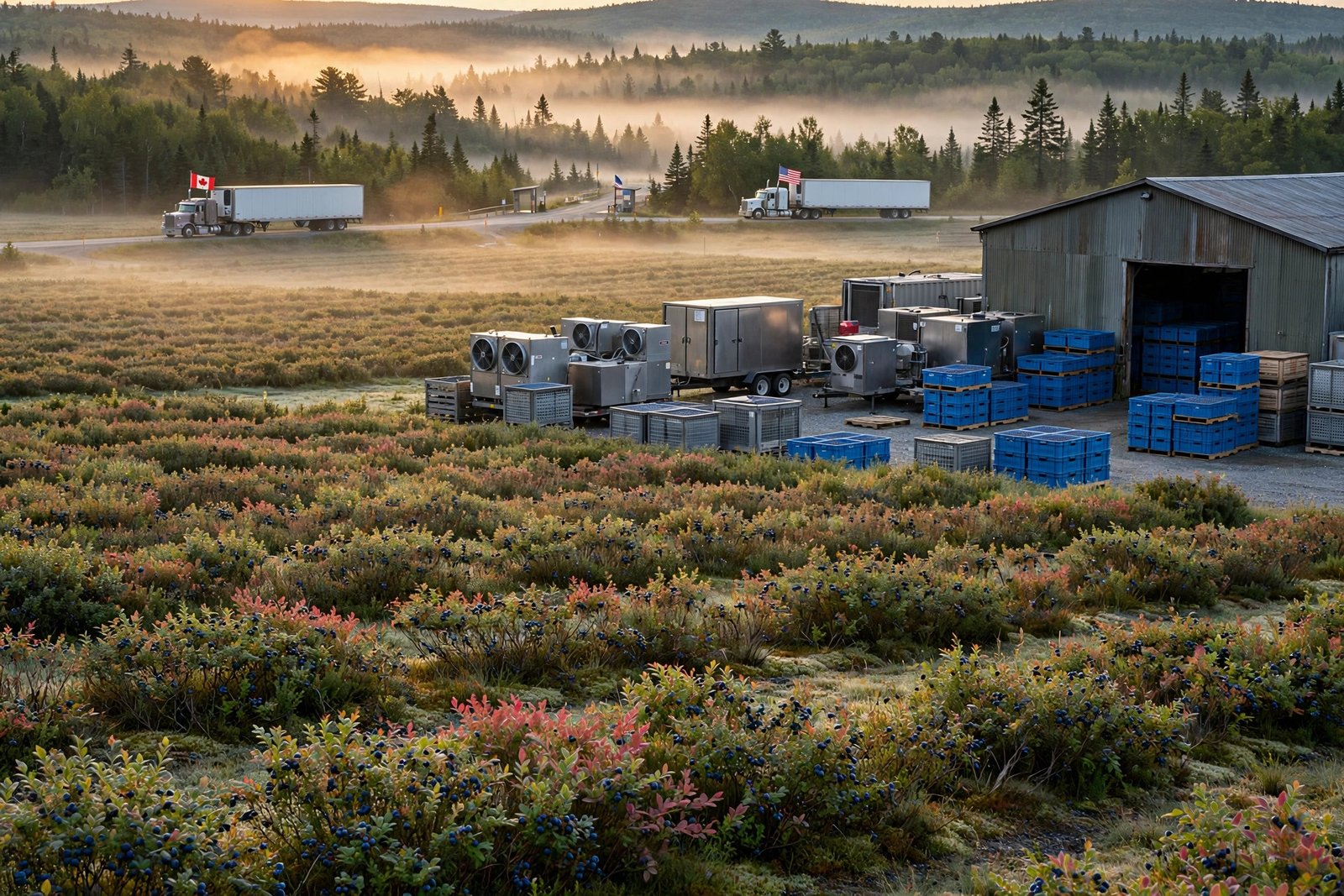 Trump Canada tariffs Susan Collins — AI-generated news photo of Maine blueberry fields and trucks at a US-Canada border crossing at dawn