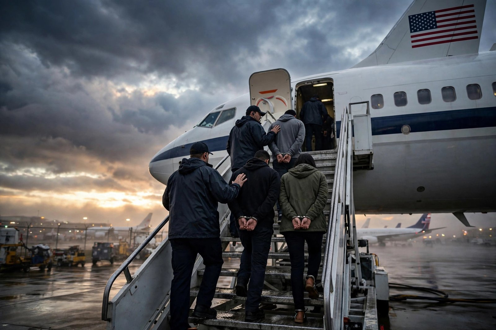 Trump deportation numbers — AI-generated original news photo of federal immigration agents escorting handcuffed deportees up the stairs of a charter airplane on an airport tarmac at dawn