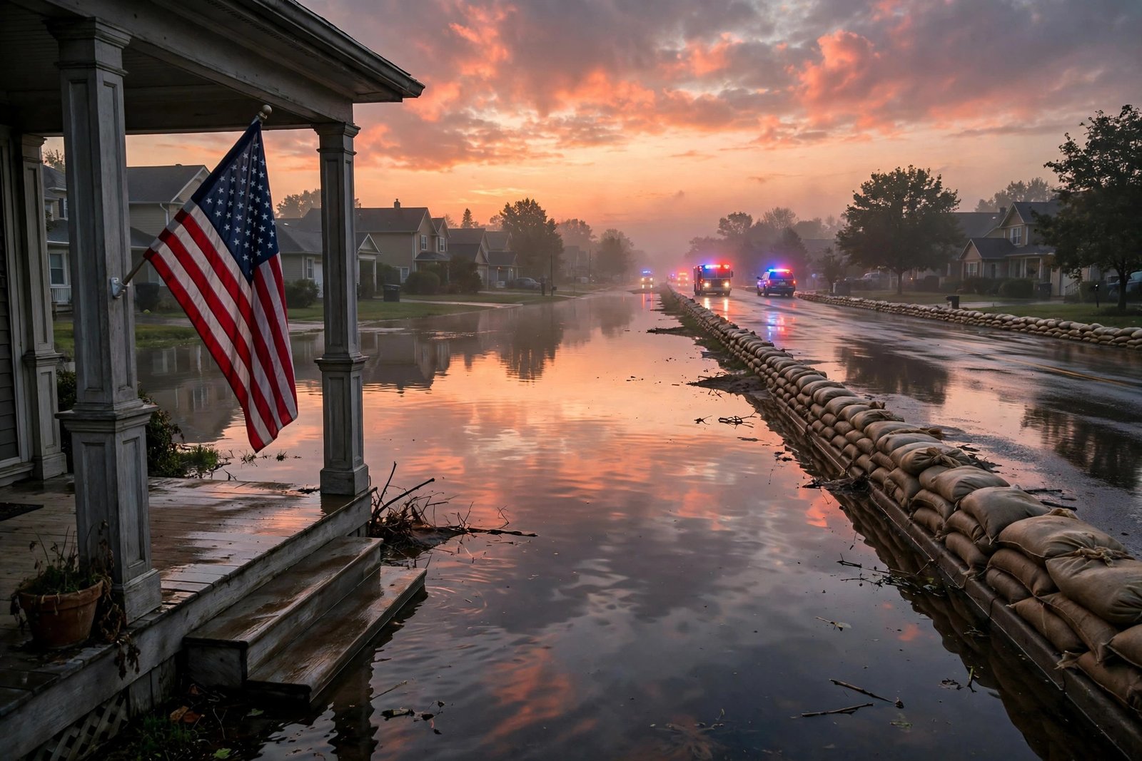 Trump disaster aid midterms — AI-generated news photo of a flooded American neighborhood with FEMA-style emergency vehicles at dawn