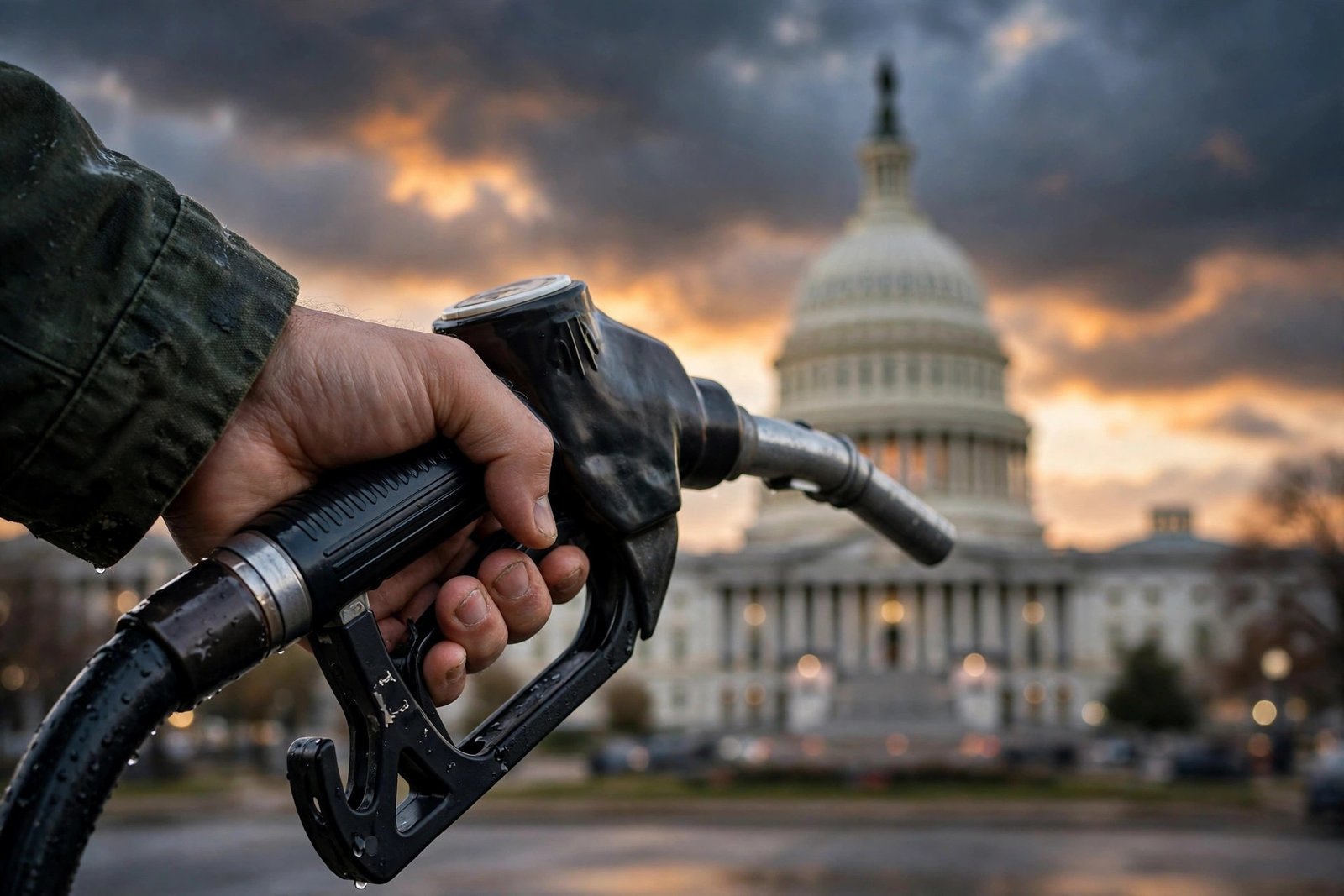 Trump foreign policy pocketbook midterms — AI-generated news photo of a hand holding a gas pump nozzle with the US Capitol dome at dusk