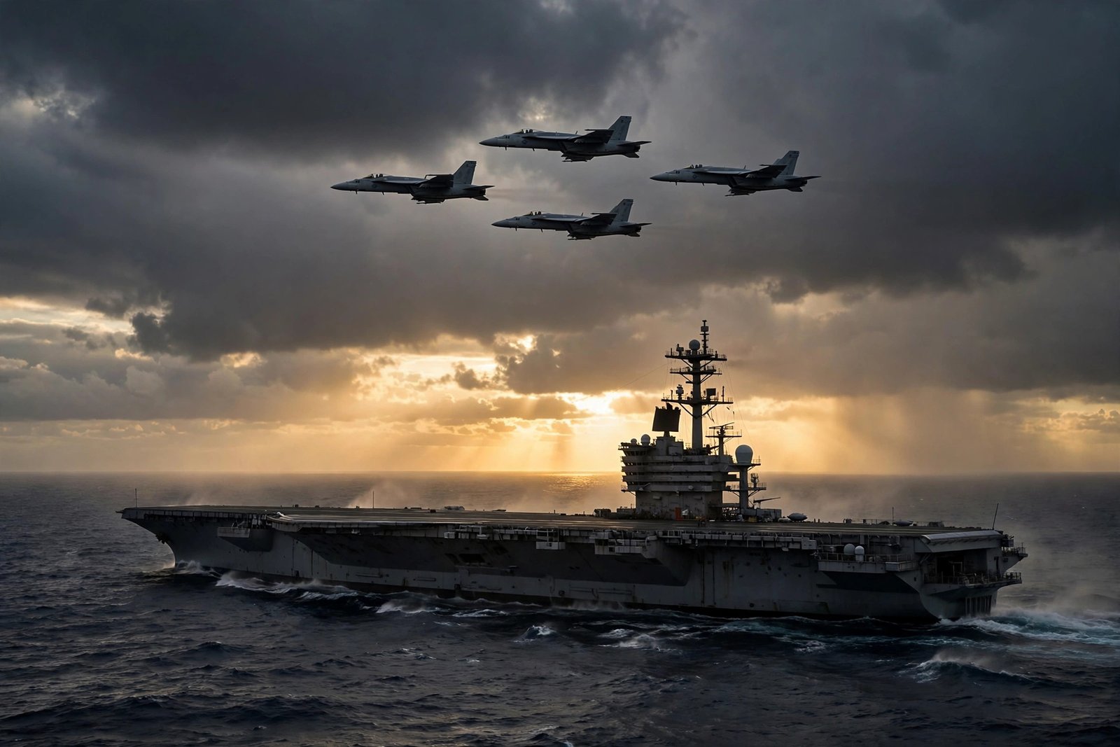 Trump Iran strikes plan — AI-generated news photo of US and Israeli fighter jets over a desert horizon at dusk