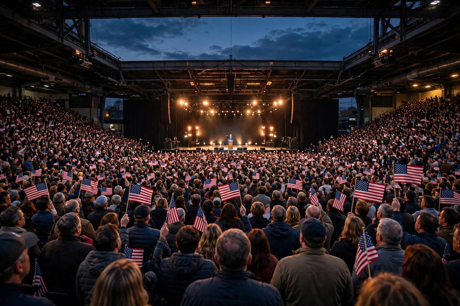 Trump midterm rallies takeaways — AI-generated news photo of a campaign rally arena at dusk with supporters holding American flags