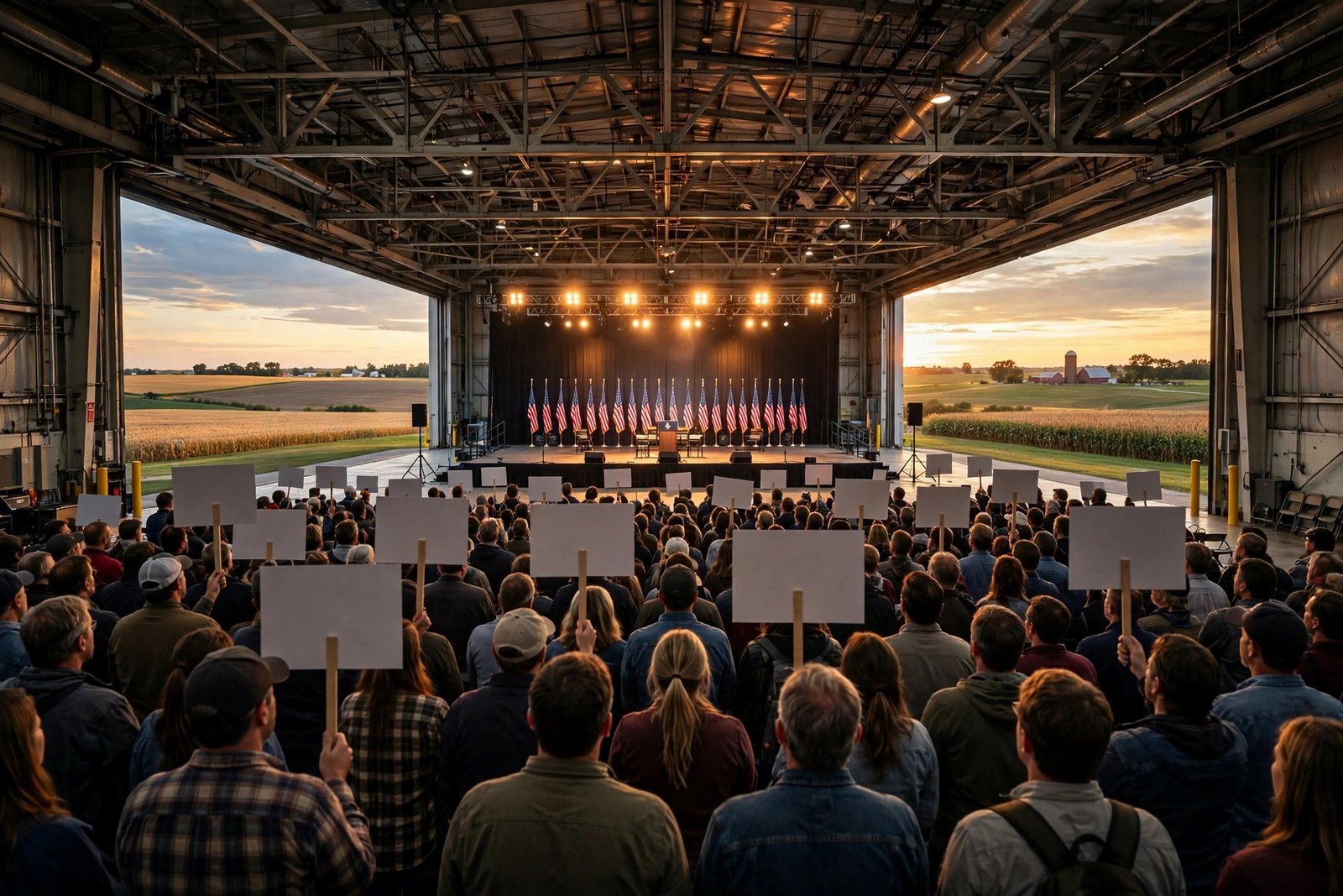 Trump Sioux City rally — AI-generated news photo of a crowded airport hangar rally in Iowa at night with American flags