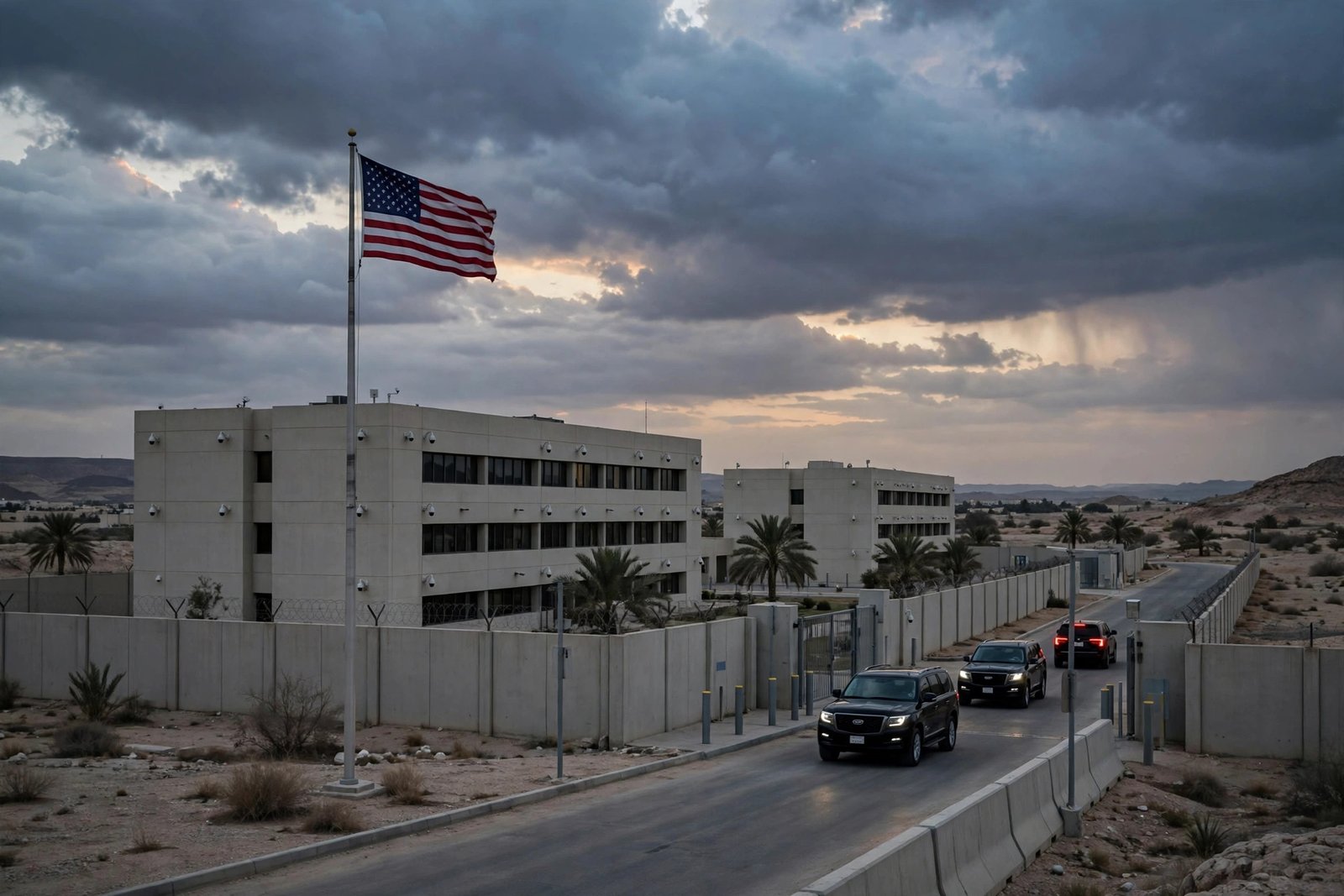 US strike Iran weekend — AI-generated news photo of a US embassy in the Middle East at dusk with diplomatic vehicles departing