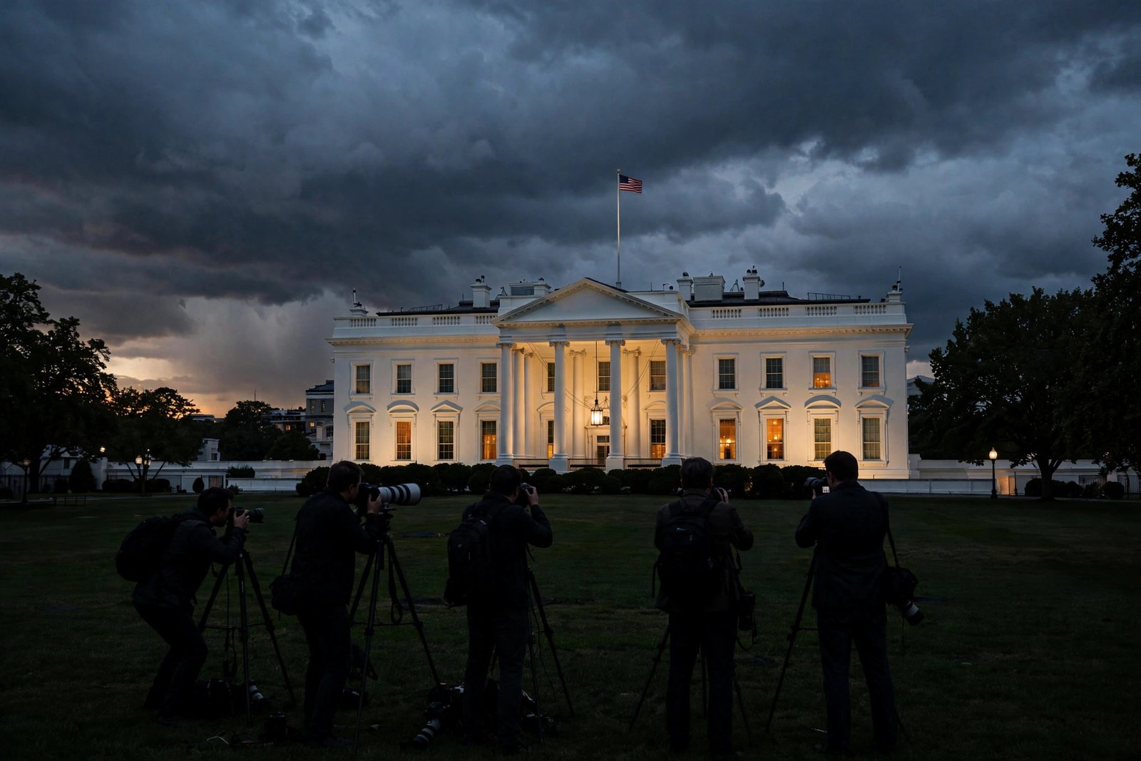 White House mass pardons junior staffers — AI-generated news photo of the White House at dusk with press photographers on the North Lawn